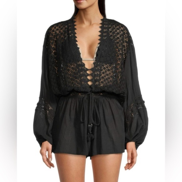 {NWT Ramy Brook Hilary Balloon Sleeve Embroidered Romper in Black Size Medium} - Picture 1 of 14